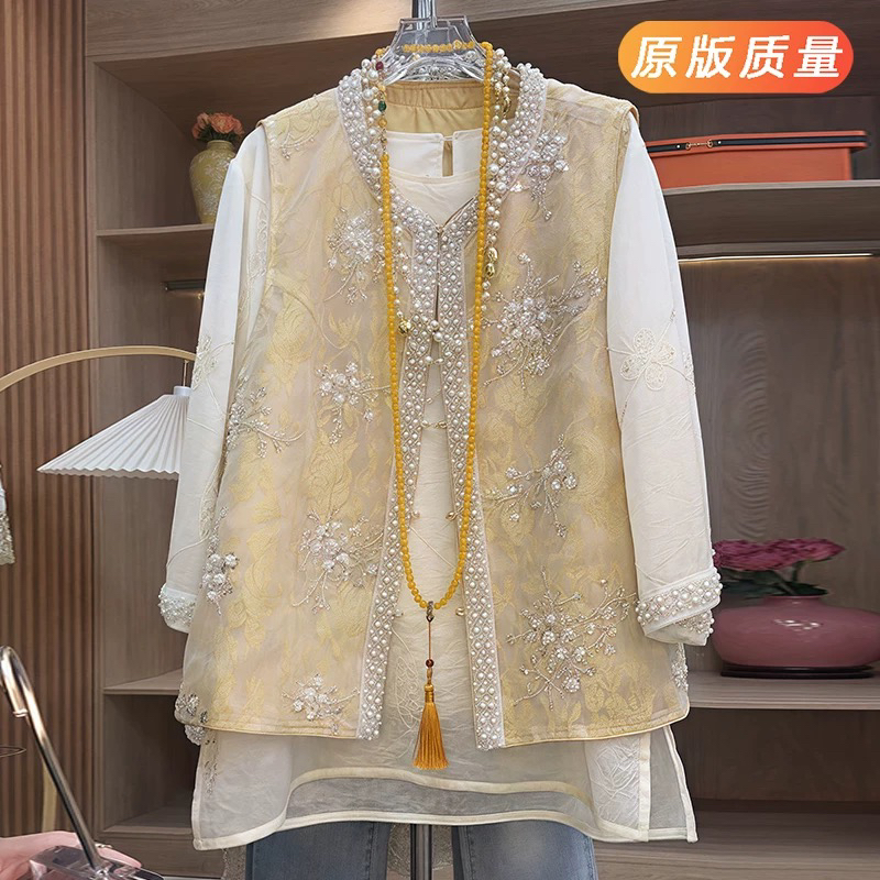 胖mm2025春夏新款宽松显瘦国风刺绣重工马夹马甲内搭上衣两件套装