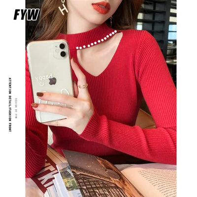 加绒冬新款韩版半高领修身针织打底衫女长袖领口镂空钉珠套头毛衣