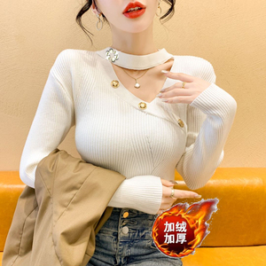 圣诞战袍加绒加厚针织衫新年秋冬款修身镂空洋气毛衣打底上衣