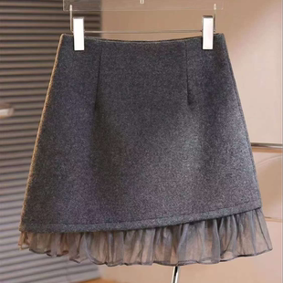 灰色雪纺拼接毛呢半身裙女2025年冬季 高腰显瘦小个子包臀短裙 新款