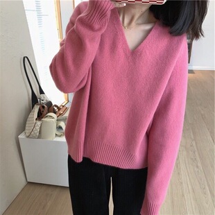 2025秋冬新款V领纯羊毛针织打底衫女加厚宽松慵懒风毛衣套头外穿