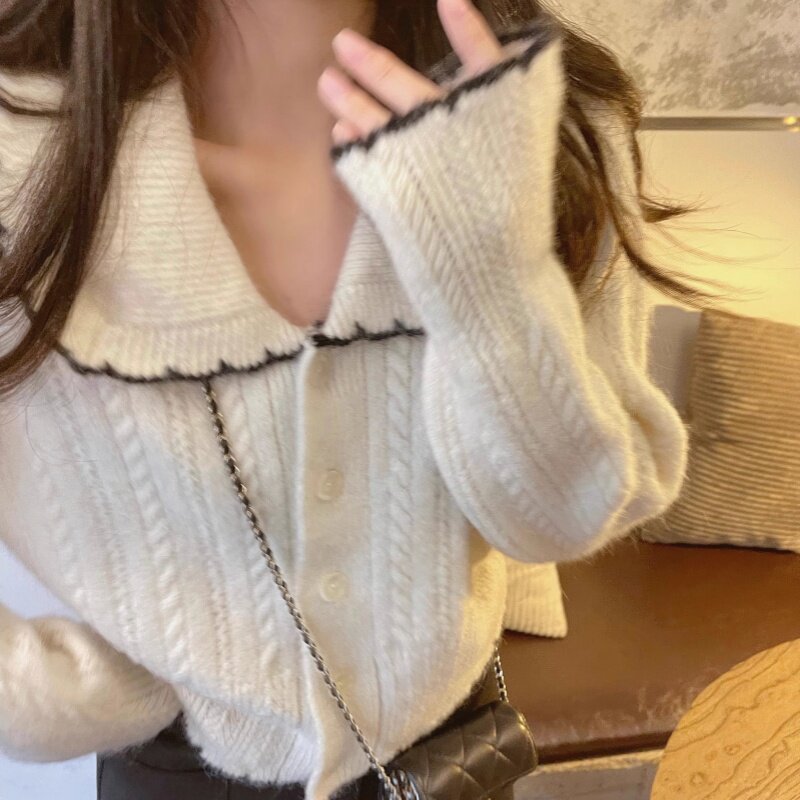 欧货高端纯羊毛娃娃领麻花毛衣开衫女2025秋季软糯宽松拼色针织衫