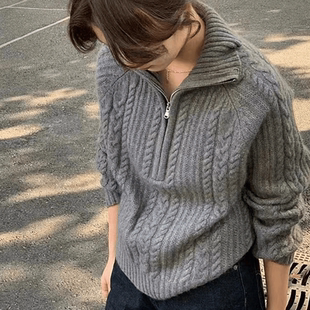 秋冬加厚立领翻领羊毛拉链半高麻花针织毛衣女扭花羊毛打底宽松厚