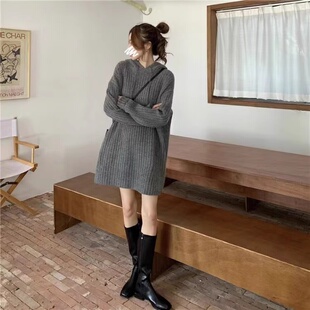 重磅加厚中长款100%纯羊毛帽衫女连帽针织毛衣长裙宽松羊毛衫打底