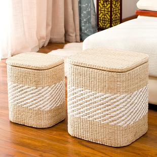 包邮大号草编坐箱/收纳箱脏衣筐/换鞋凳/储物箱/坐凳蒲草收纳凳