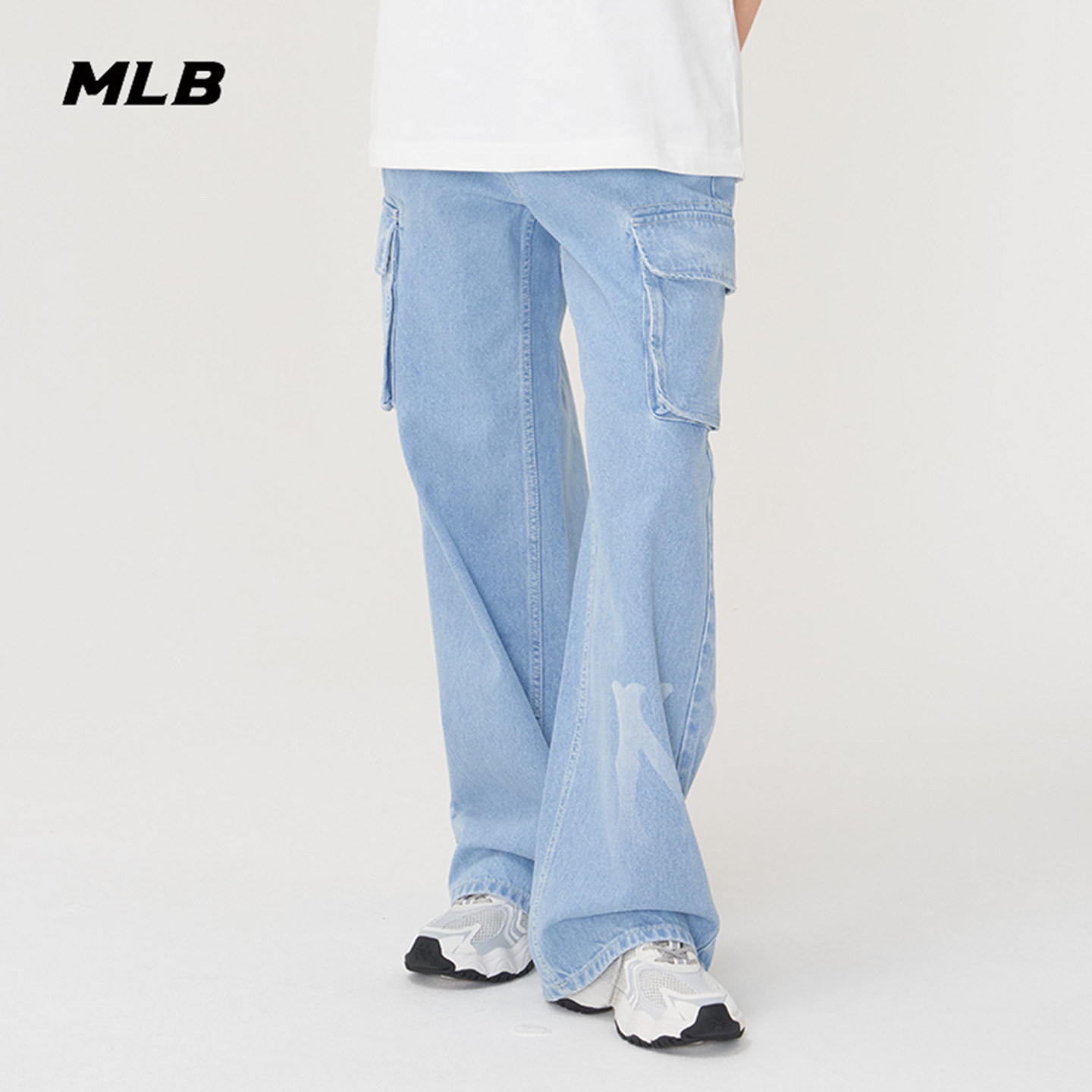 25新款MLB女款牛仔长裤NY渐变印花阔腿工装休闲运动裤3FDPB0151