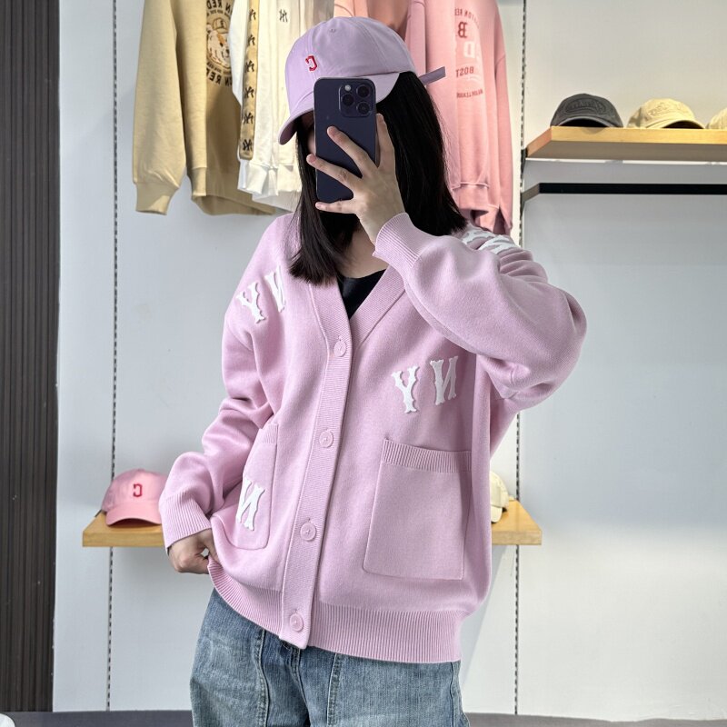 MLB男女25春季新款情侣学院风NY老花百搭针织开衫外套3AKCG0151