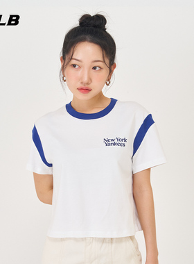 24新款MLB短袖女学院风拼接撞色短款圆领休闲运动T恤3FTSV0343