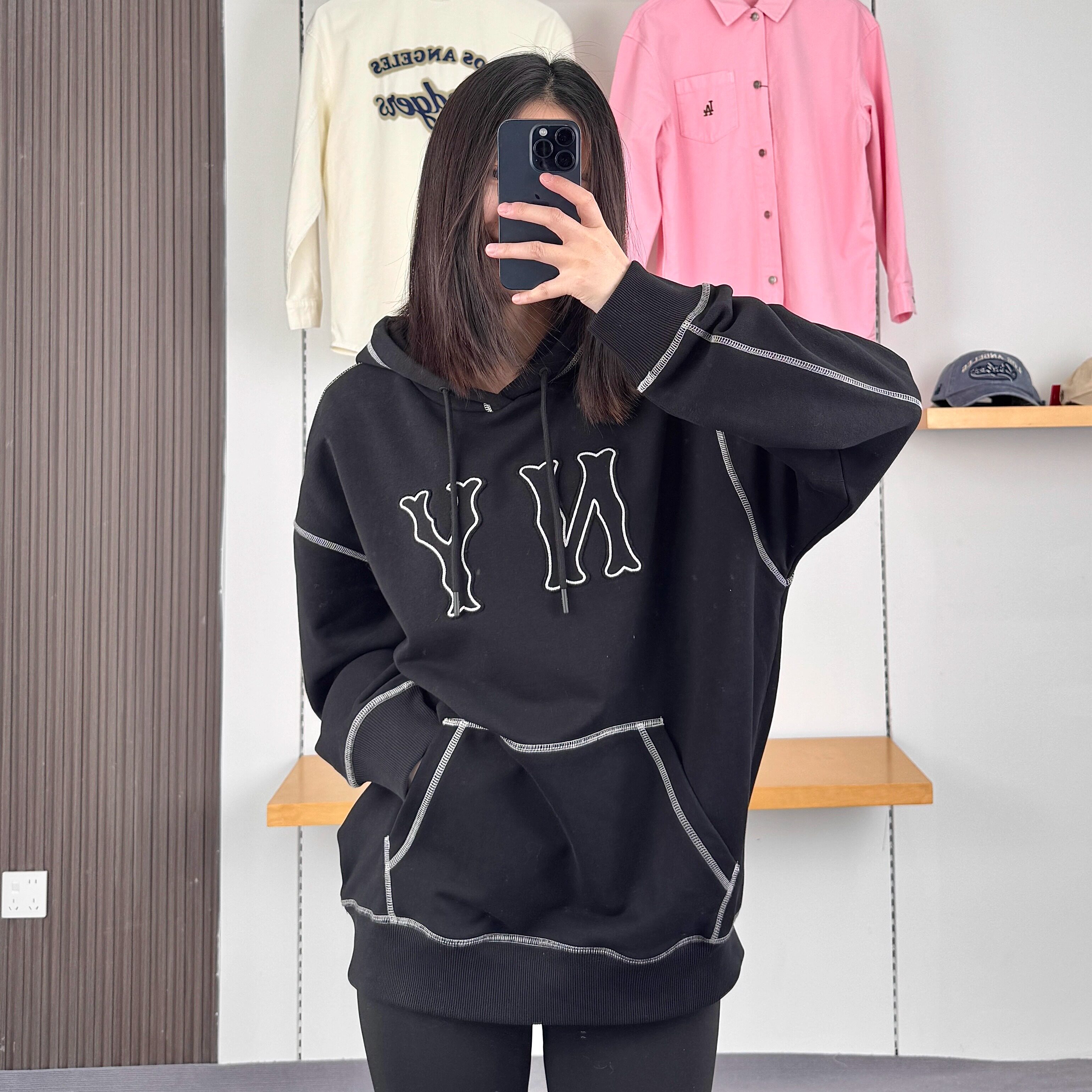 25新款MLB情侣卫衣男女NY字母贴布刺绣连帽运动套头衫3AHDB0451