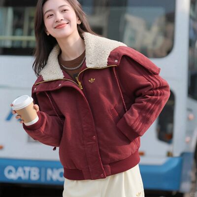 阿迪达斯三叶草女毛绒领棉服外套