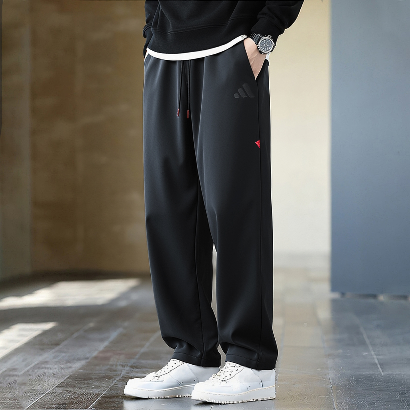 阿迪达斯男运动纯棉直筒针织长裤