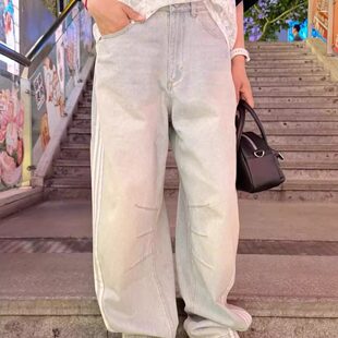 Adidas阿迪达斯三叶草女撞色条纹阔腿运动牛仔长裤KG0201/KG0200