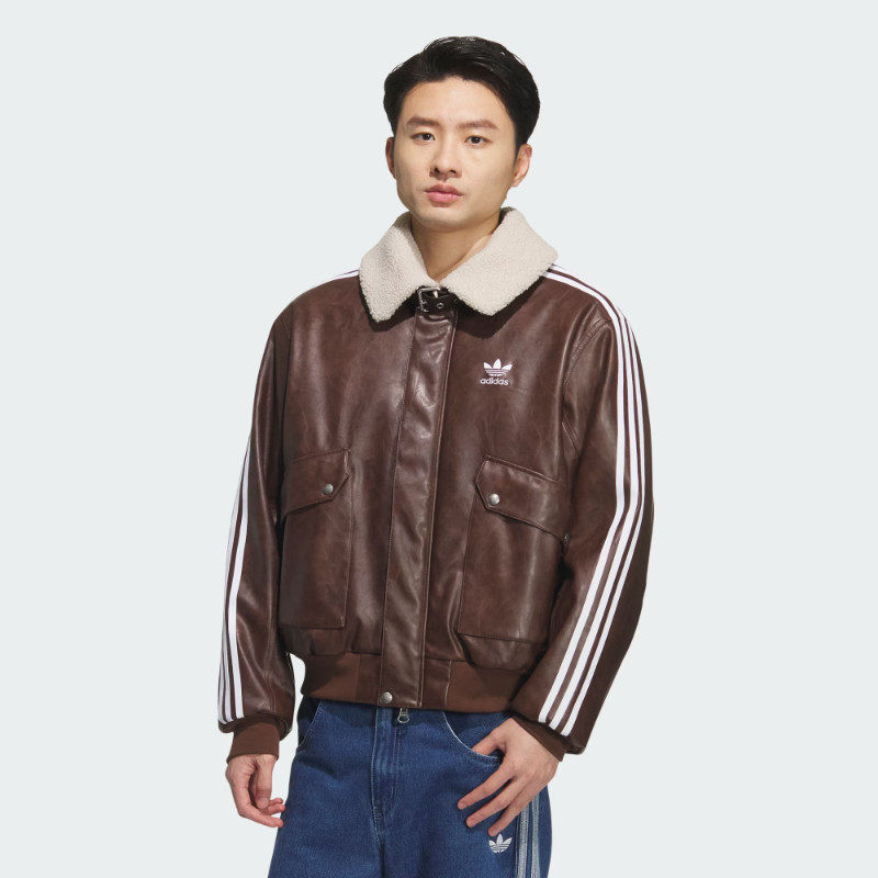 阿迪达斯三叶草保暖PU夹克外套男子短款毛领棉服KF3691/KF3692