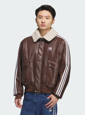 阿迪达斯三叶草保暖PU夹克外套男子短款毛领棉服KF3691/KF3692