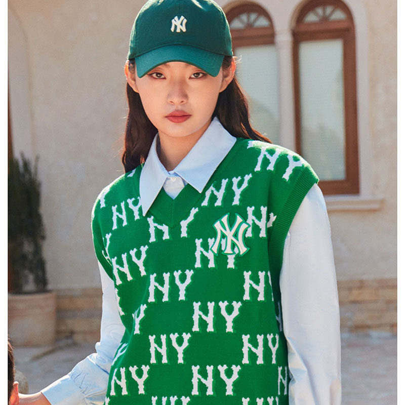 MLB 남성과 여성 커플 니트 오래된 꽃 풀 라벨 복고풍 스포츠 스웨터 V 넥 조끼 재킷 3AKPM0331