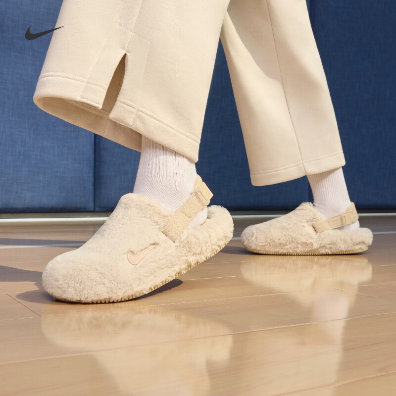 Nike耐克CALM女子25冬季毛毛拖鞋加绒魔术贴易穿脱抓地回弹FZ3118