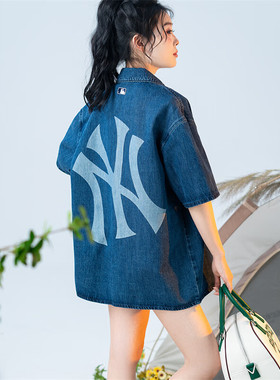 24新款MLB情侣牛仔外套男女NY大标印花运动休闲短袖衬衫3ADRB0743