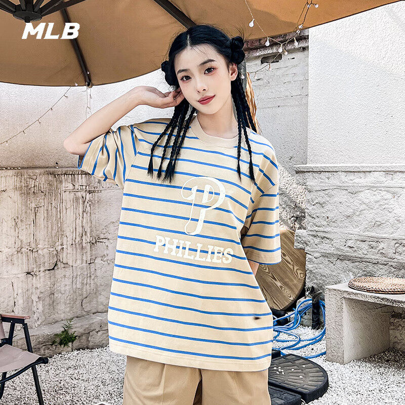 MLB短袖男女同款宽松透气短T条纹印花时尚百搭潮流体恤3ATSB3033