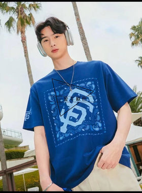 MLB男女情侣短袖腰果花流胶印运动休闲宽松时尚T恤潮牌3ATSI0133