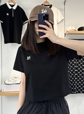 25新款MLB女款短袖NY小标刺绣短款纯色圆领休闲运动T恤3FTSB0153