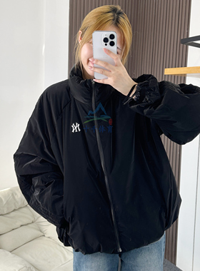 25冬季新款MLB女款羽绒服NY抽褶哑光亮面短款运动外套3FDJB0856