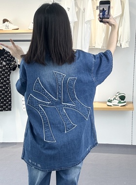 25新款MLB情侣外套男女NY复古大标牛仔短袖衬衫运动夹克3ADRB0253