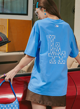 MLB男女短袖潮流棋盘格logo大标运动T恤休闲宽松半袖3ATSO0233