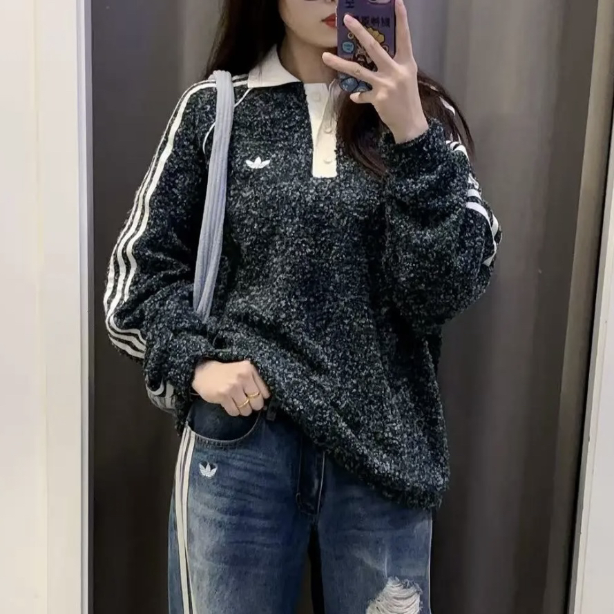 阿迪达斯三叶草女圈绒长袖POLO衫
