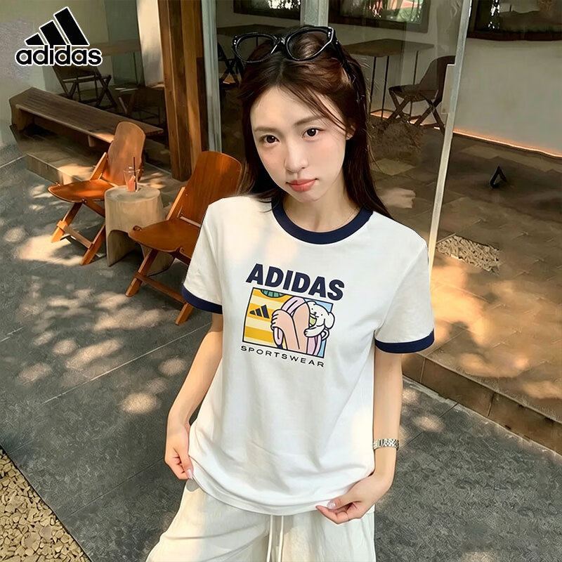 阿迪达斯女短袖卡通印花撞色T恤