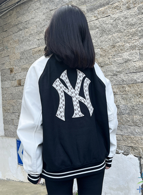 24新款MLB情侣外套男女NY复古老花大标抓绒休闲运动夹克3AJPM1146