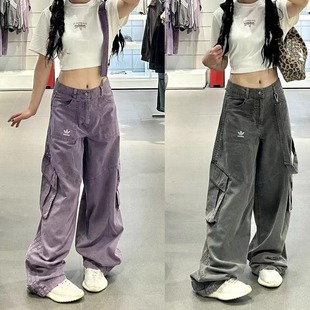 Adidas阿迪达斯三叶草女子复古多口袋背带牛仔长裤KH1179/KH1180