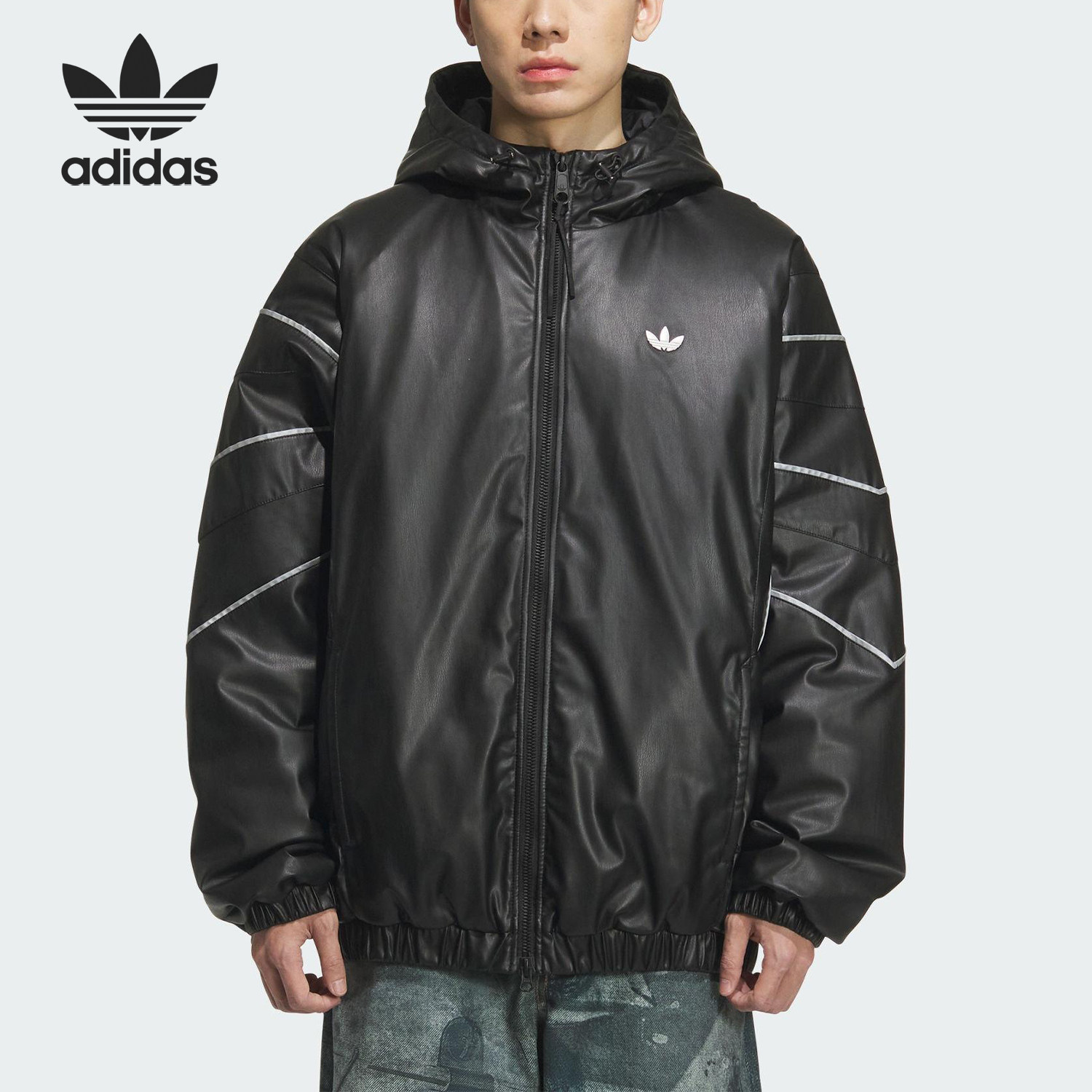 adidas阿迪达斯男女三叶草保暖连帽皮夹克棉服外套KC2653/KC2654