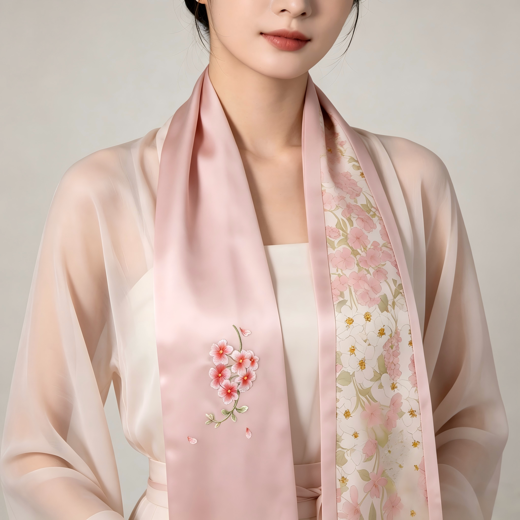 湖南湘绣纯手工刺绣真丝桑蚕丝丝巾女樱花花卉礼盒装礼物