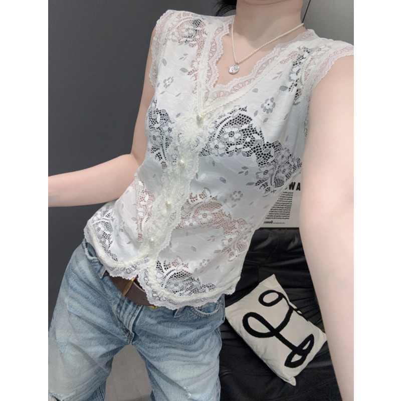花边蕾丝V领无袖T恤女性感微透图片