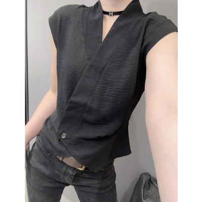 小飞袖黑色V领衬衫女短袖设计感