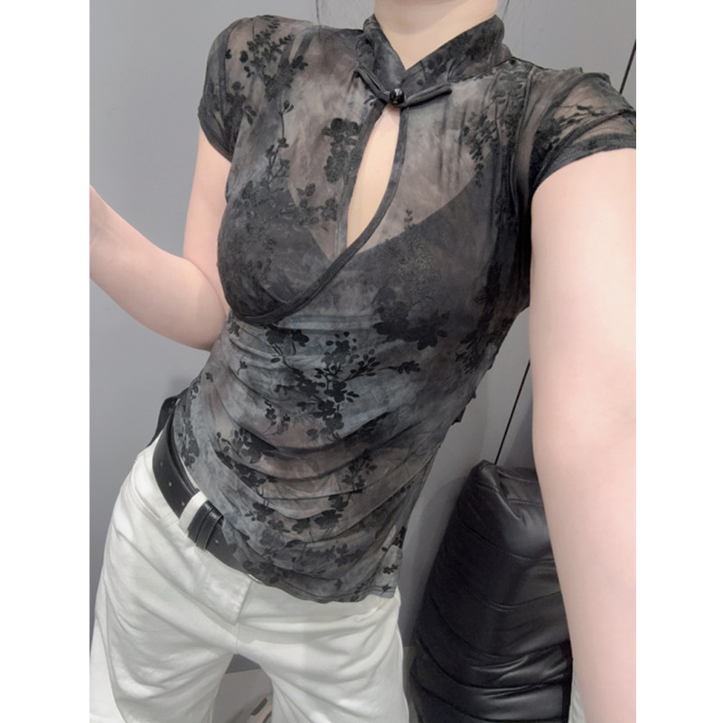 新中式盘扣立领网纱短袖T恤女