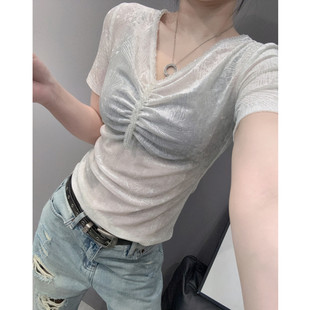 夏欧货 钉珠V领短袖 T恤女高级感气质百搭修身 网纱蕾丝半袖 上衣小衫