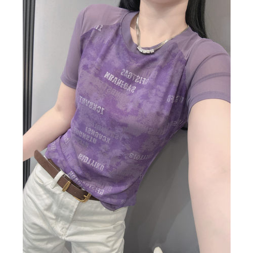 网纱圆领短袖T恤女设计感印花