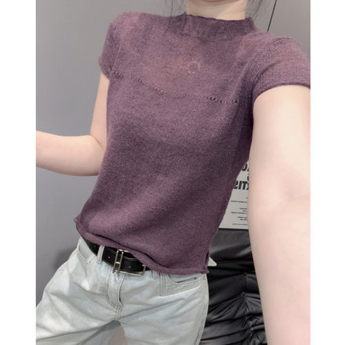 半高领冰丝针织衫短袖女立领上衣