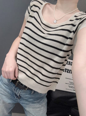 条纹短袖女冰丝针织衫欧货小飞袖