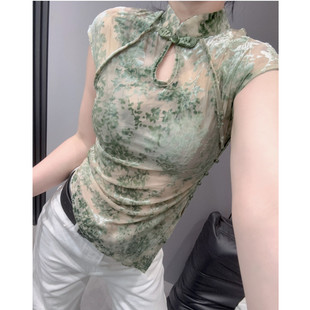 新中式盘扣立领短袖T恤女性感镂空网纱时尚气质紧身开叉上衣夏天