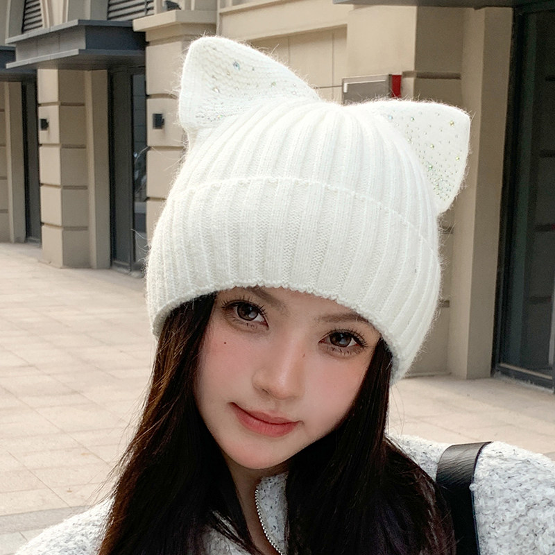 新款猫耳朵毛线帽子女秋冬季保暖可爱针织帽韩版休闲百搭软妹冷帽
