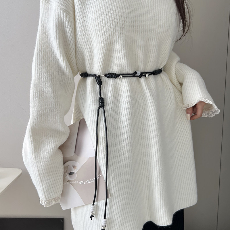 复古串珠蜡绳腰带细打结长款毛衣腰间配饰简约高级感腰绳腰链潮