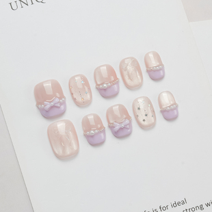 手工穿戴甲裸粉色猫眼法式紫色手绘蝴蝶结穿戴美甲成品指甲贴短款