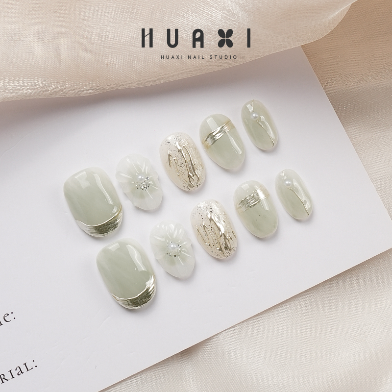 手工穿戴甲日式手绘拉花浅绿色显白夏季穿戴美甲成品指甲贴短椭圆