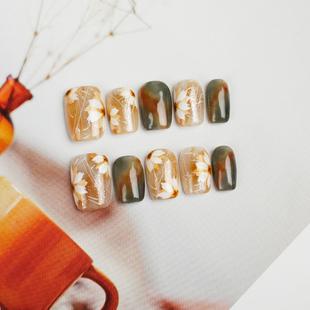 手工穿戴甲手绘晕染小花大理石手作高级穿戴美甲成品假指甲贴短款