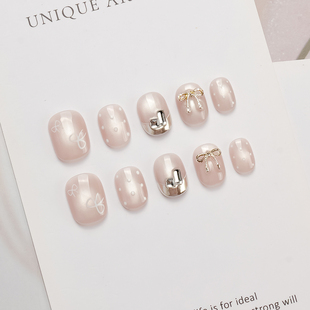 手工穿戴甲裸粉色玻璃珠猫眼手绘蝴蝶结贴钻穿戴式美甲成品指甲贴