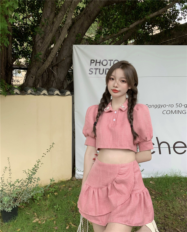 Real shooting and real price summer temperament small fragrance bubble sleeve short top + Ruffle A-line skirt two-piece set