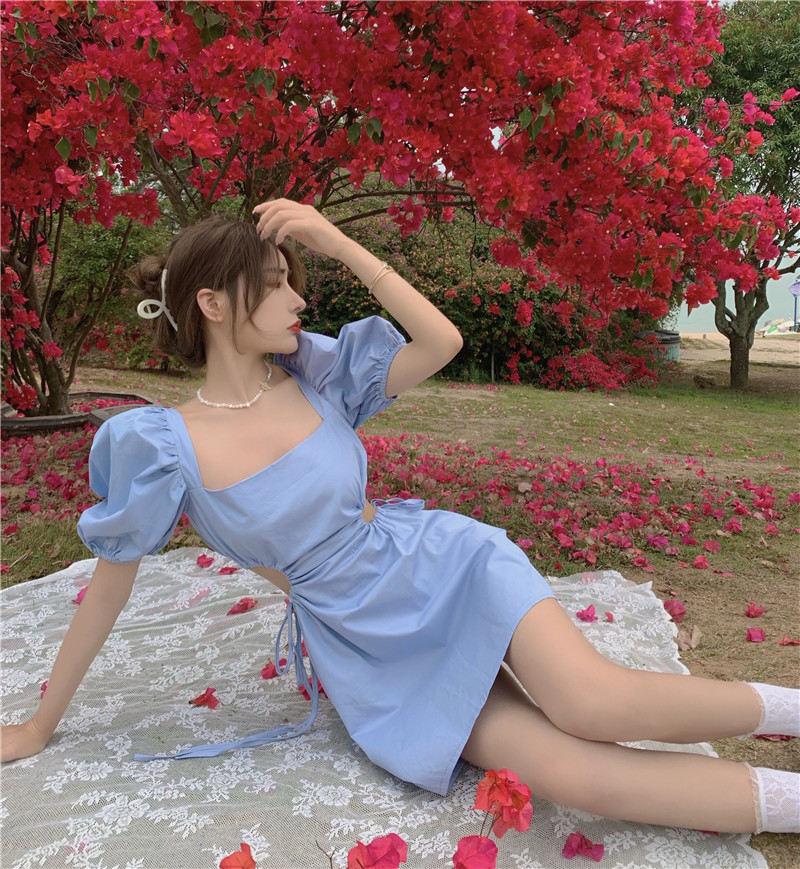 Summer pure blue retro sexy open back bandage dress