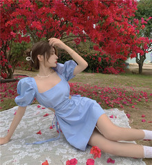 Summer pure blue retro sexy open back bandage dress